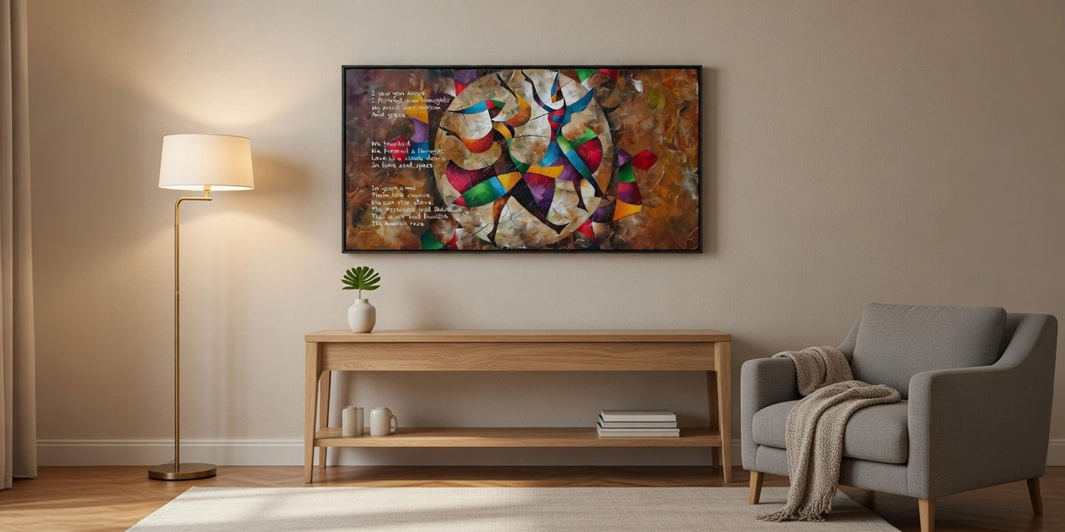 Colorful abstract fine art painted poem with dancing figures and written text, displayed as wall decor.
