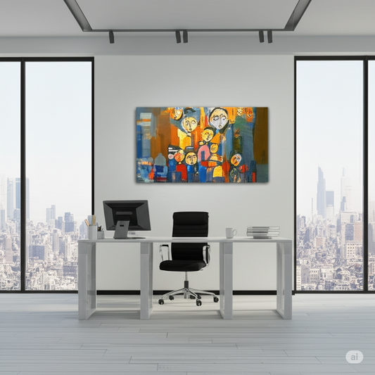 Fine art painted poem featuring multiple colorful figures, from Fine Art Painted Poems, hanging above an office desk.