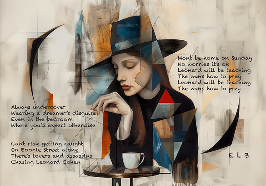 Contemplative abstract portrait by E. Laurence Bake depicting a young woman in profile with eyes closed, wearing a wide-brimmed blue hat, resting her chin on her hand beside a white coffee cup; surrounded by layered triangular geometries in muted blues, oranges, and blacks with handwritten poetic text referencing Leonard Cohen, disguise, dreamers, and spiritual pursuit, square composition blending realism and sacred geometry.