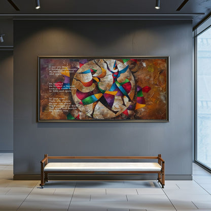 Fine art painted poem with colorful figures, against a textured, circular background.