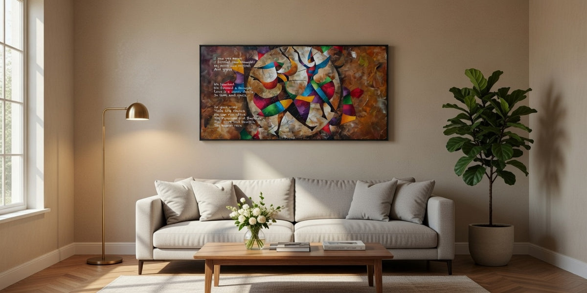 Colorful Circle Dance fine art painted poem with abstract dancer figures, set in a tan living room.
