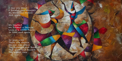Fine art painted poem with colorful abstract figures, featuring a circular dance motif and expressive brushstrokes.
