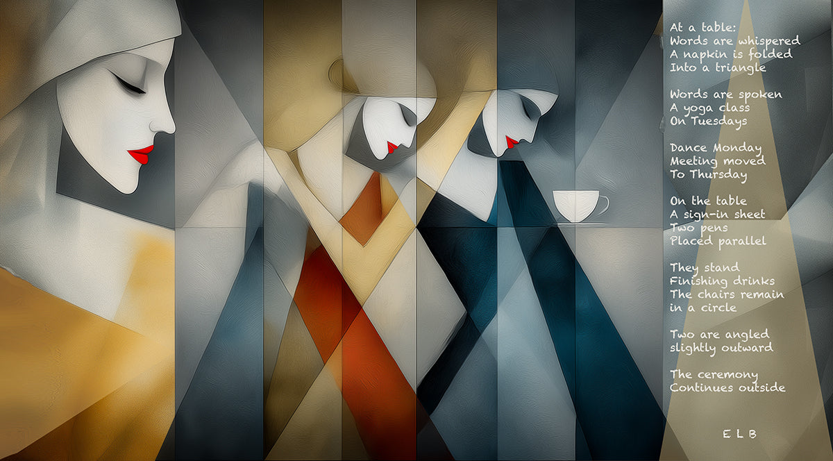 Abstract art with geometric shapes and text on a gray background by E Laurence Bake.