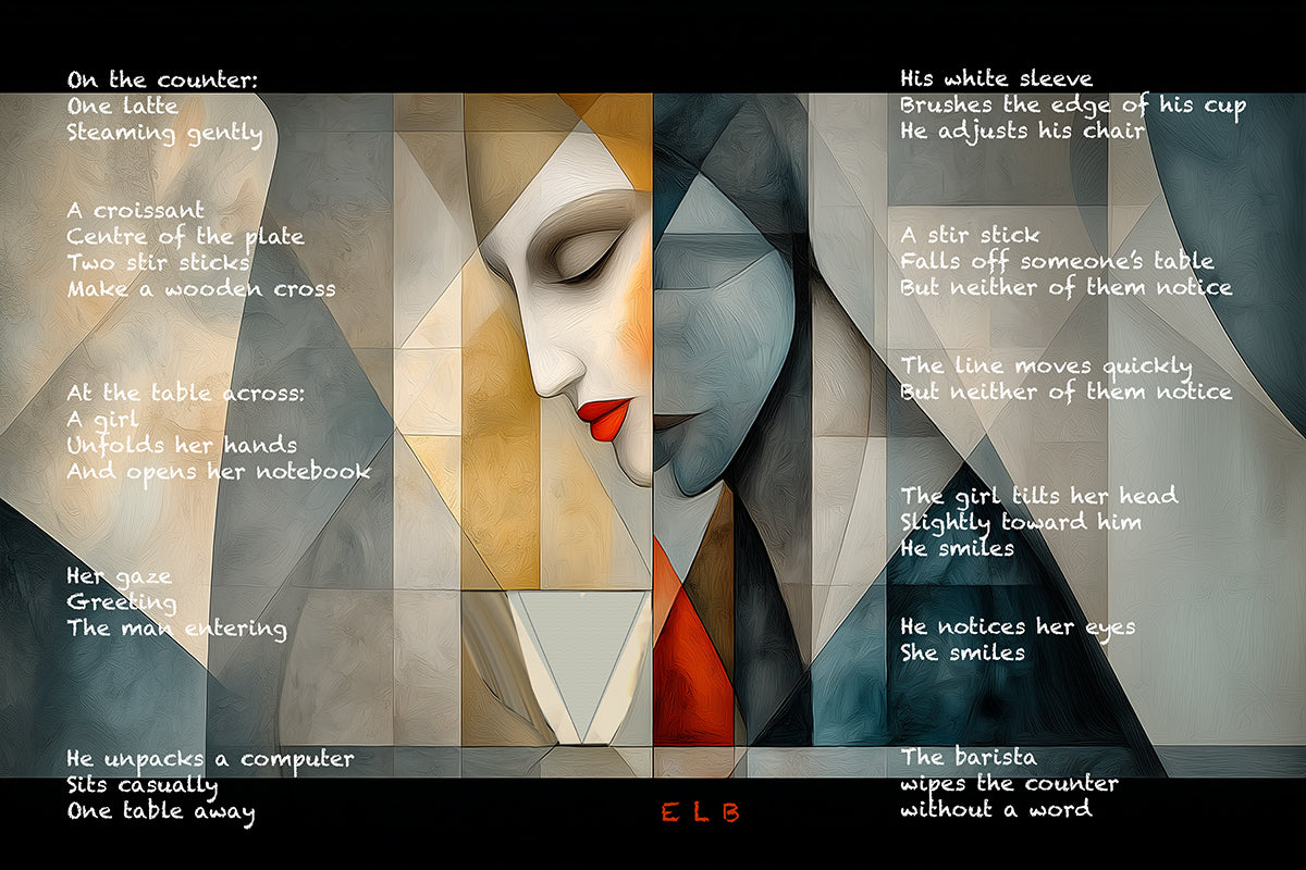 Artistic depiction of a woman's face with text overlay on a black background by E. Laurence Bake