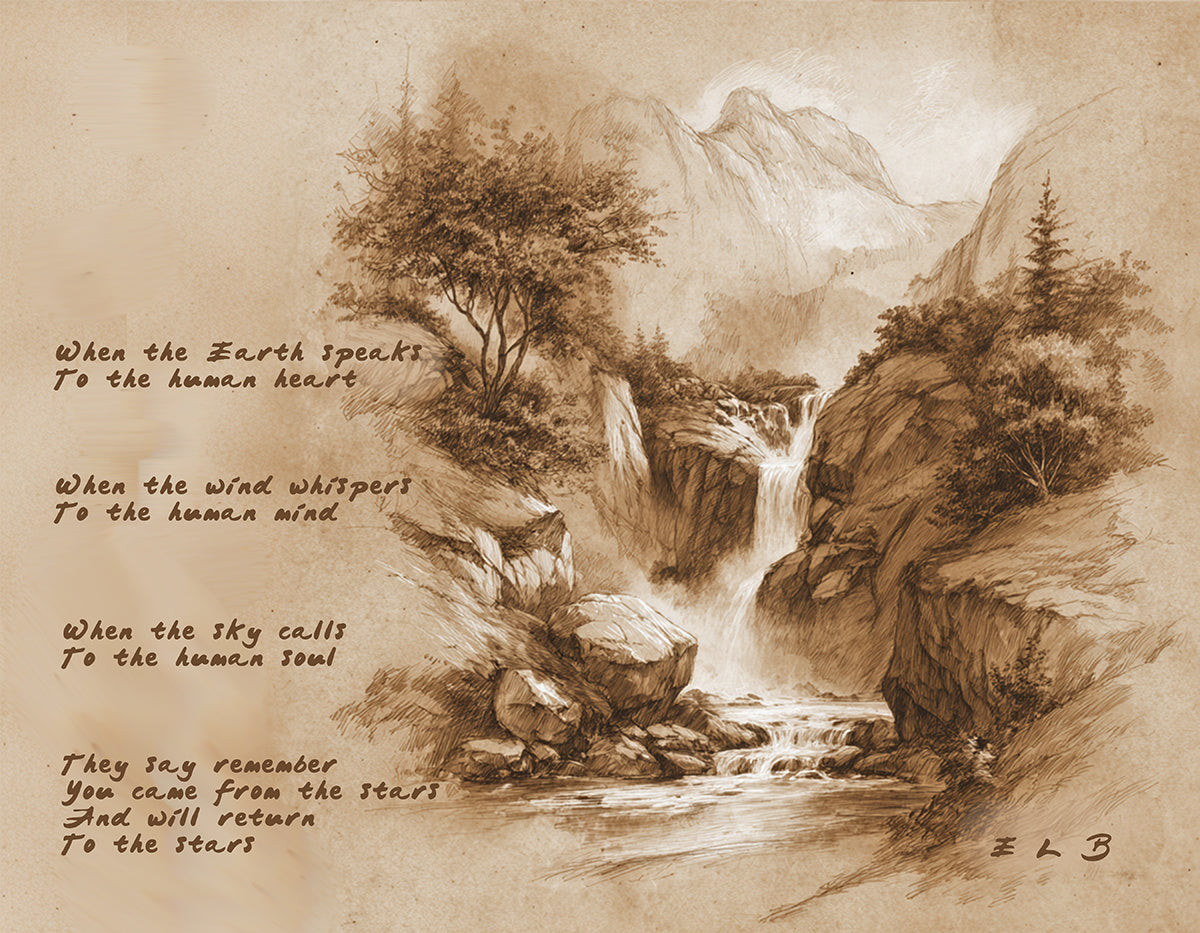 Earth Wind Sky poetry art print with nature elements by E. Laurence Bake
