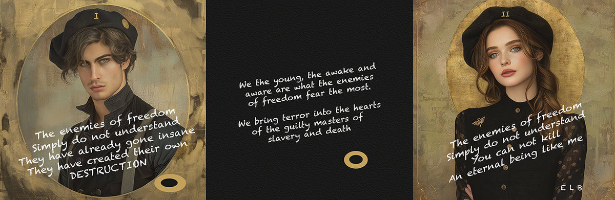 Enemies of Freedom Painted Poem by E. Laurence Bake – triptych of defiant profiles in gold and shadow with overlaid text on awakening youth against tyranny and slavery – limited edition geometric art from Philosophical Fragments of Eternity collection.