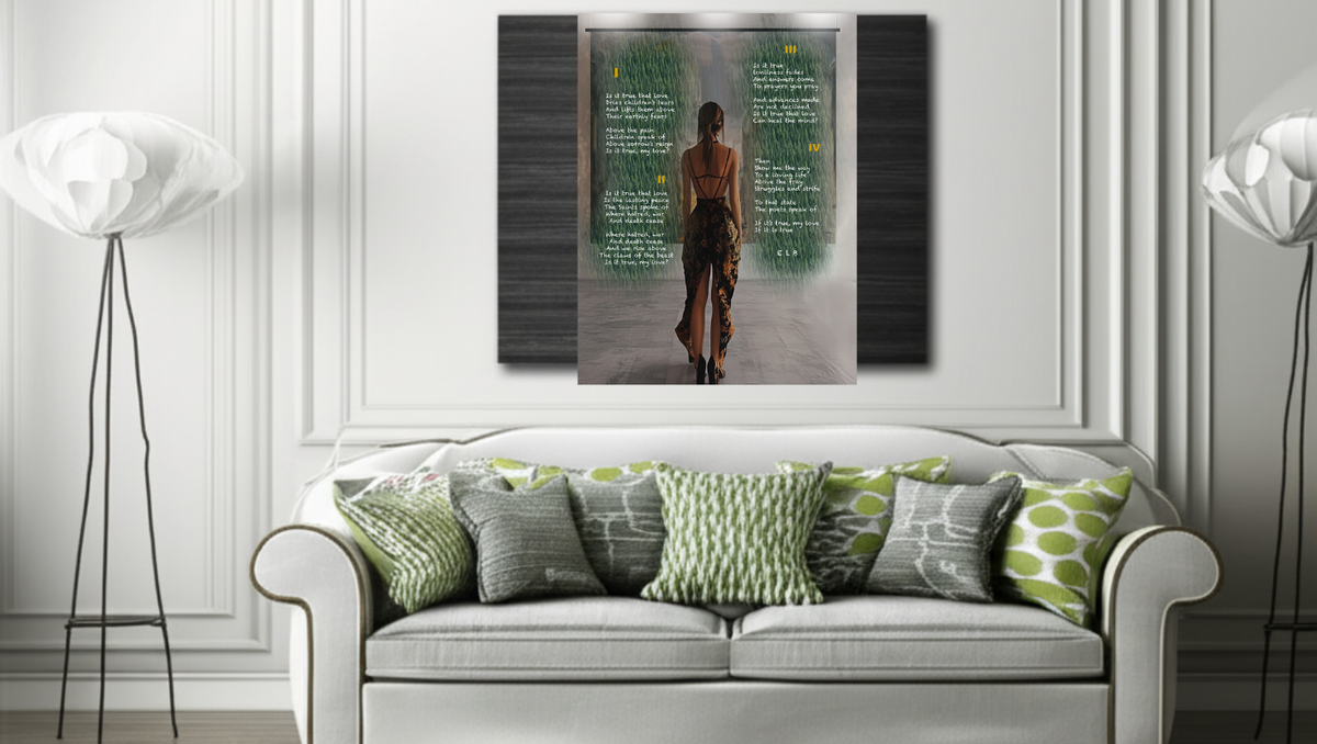 Fine art painted poem by an unknown artist featuring a woman in a dress, text overlay, and grass-like brushstrokes.