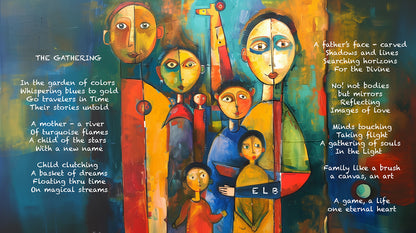 Fine art painted poem with figures, colors, and text.