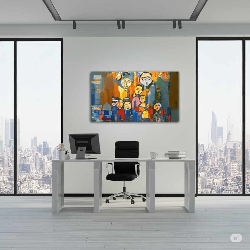 Fine art painted poem featuring multiple colorful figures, from Fine Art Painted Poems, hanging above an office desk.

