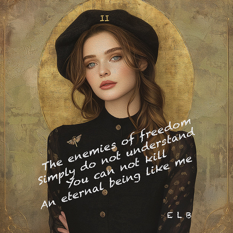 Abstract philosophical portrait of a young man in a black beret with intense gaze, framed in an oval against a warm golden haze; overlaid white handwritten text reads: "The enemies of freedom simply do not understand insane They have already gone They have created their own DESTRUCTION" by E. Laurence Bake (ELB), square composition in muted earth tones with subtle geometric depth.