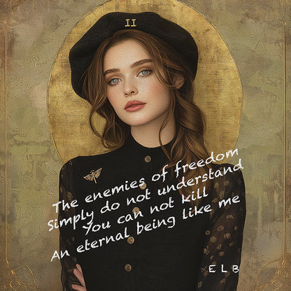 Abstract philosophical portrait of a young man in a black beret with intense gaze, framed in an oval against a warm golden haze; overlaid white handwritten text reads: "The enemies of freedom simply do not understand insane They have already gone They have created their own DESTRUCTION" by E. Laurence Bake (ELB), square composition in muted earth tones with subtle geometric depth.
